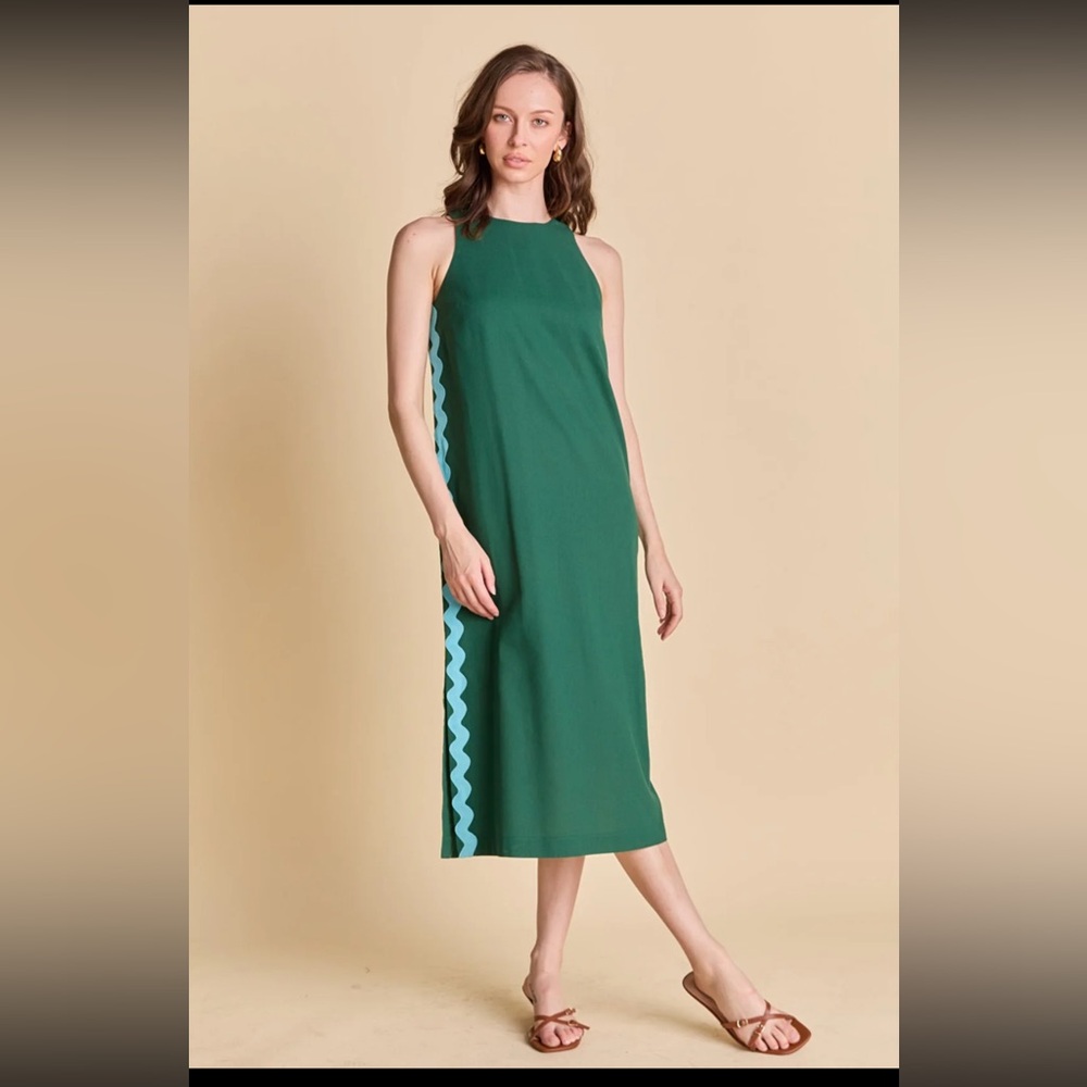 English Factory ric rac linen dress. Green Sleeveless Dress with Blue Accents